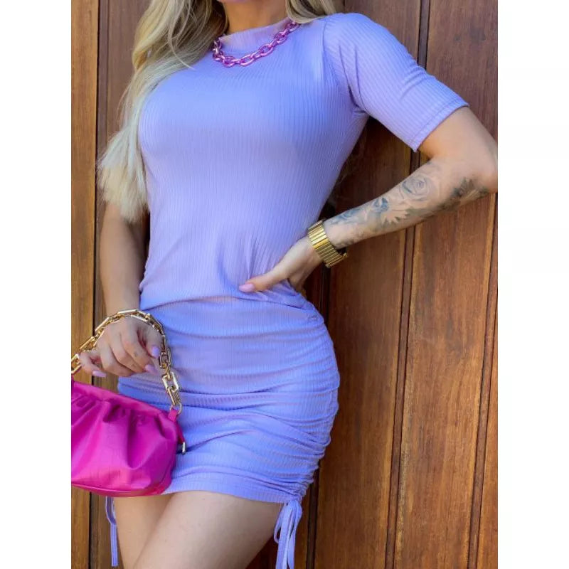 Vestido Com Manguinha Franzido Drapeado Lateral com Amarras Canelado Midi Tendência Modinha Blogueira Gringa