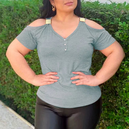 Blusa Feminina Básica Lisa com Fivela no Ombro Vazado (Ombro Fora) - Manga Curta para Primavera e Verão Viscolycra Moda - Roupas Femininas