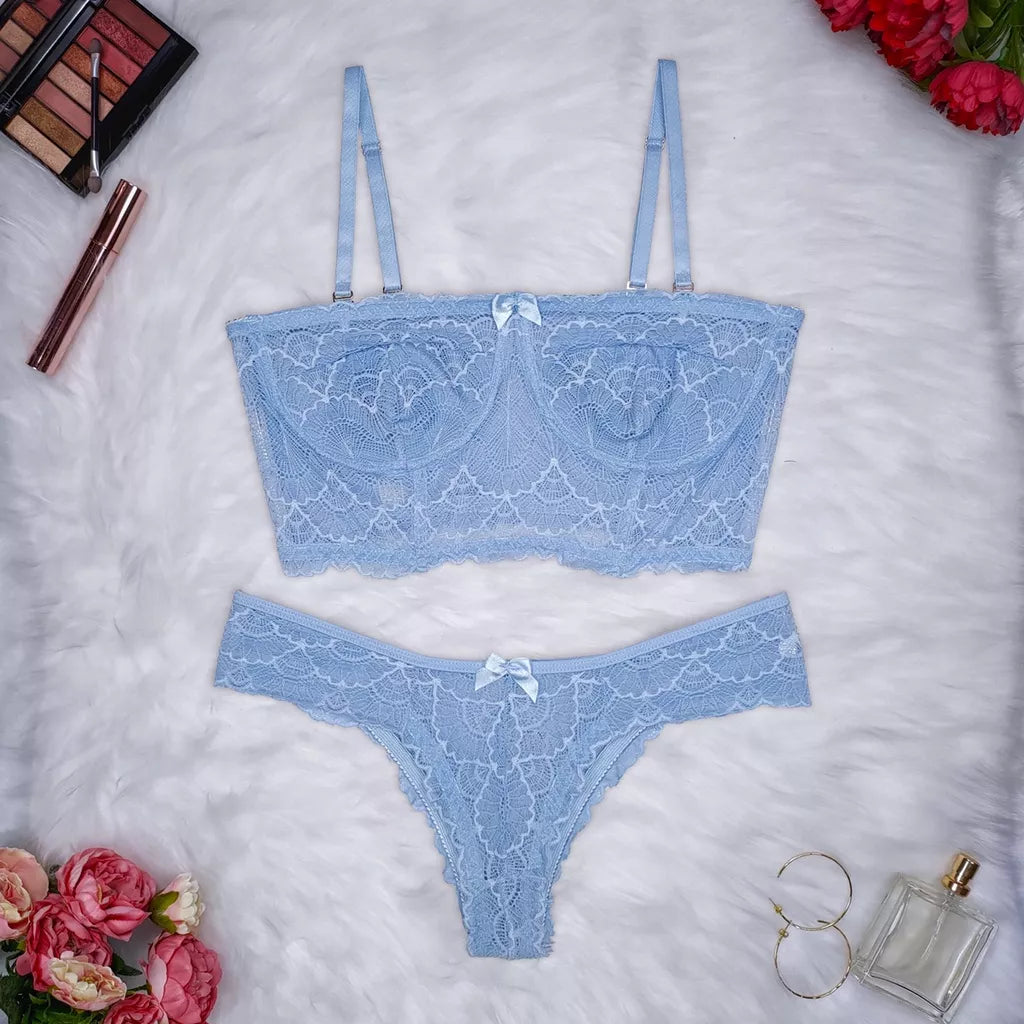 Conjunto Lingerie Renda Sutiã Cropped Alça Removível Tomara Que Caia Calcinha Estela