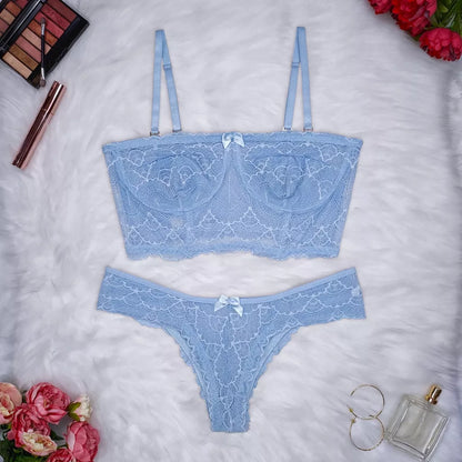 Conjunto Lingerie Renda Sutiã Cropped Alça Removível Tomara Que Caia Calcinha Estela