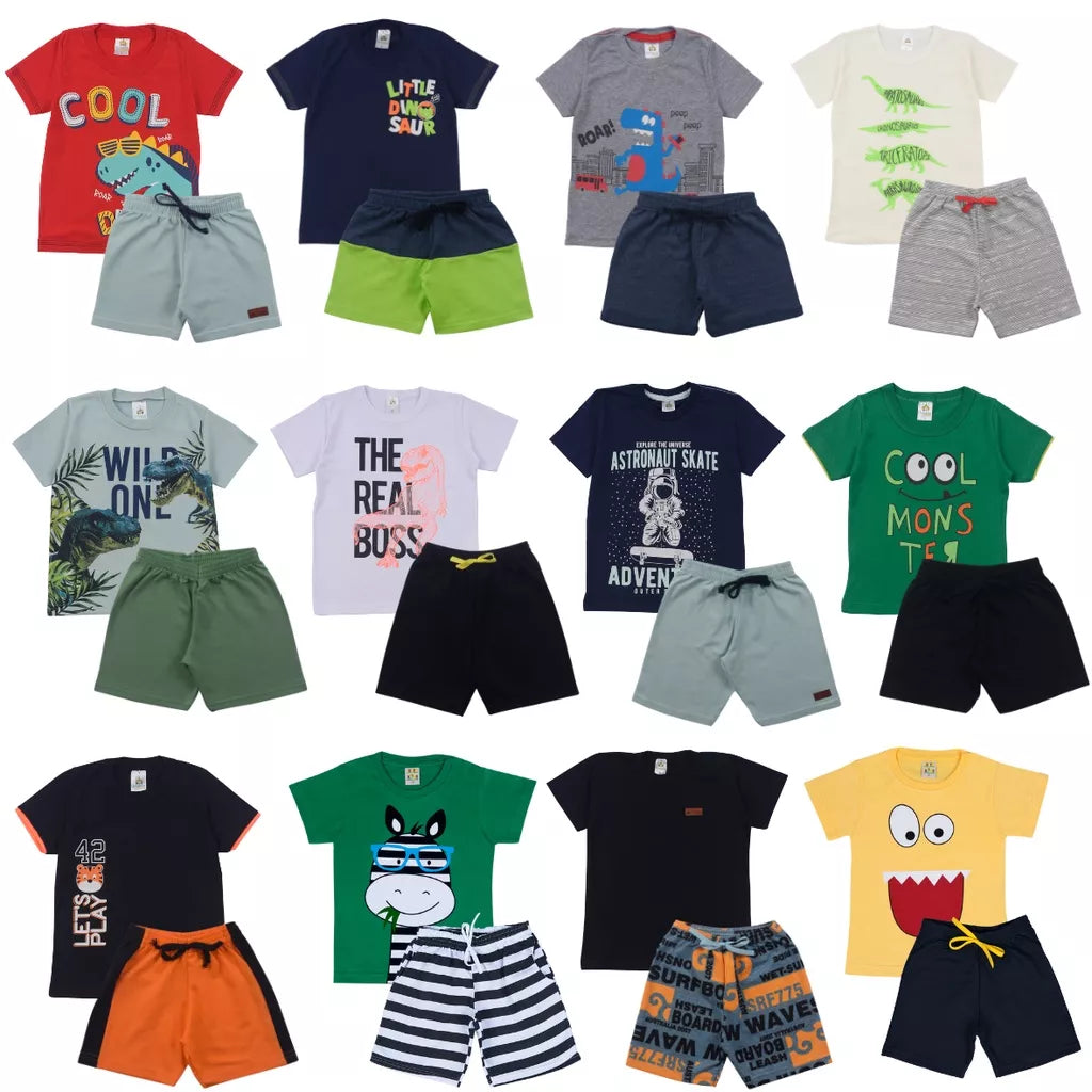 Kit Sortido 10 Peças de Roupas Infantil Menino- 5 Camisetas + 5 Bermudas - Promoção - Kit com 5 Conjuntos de Roupa Infantil Menino Verão Masculino Bebe Barato