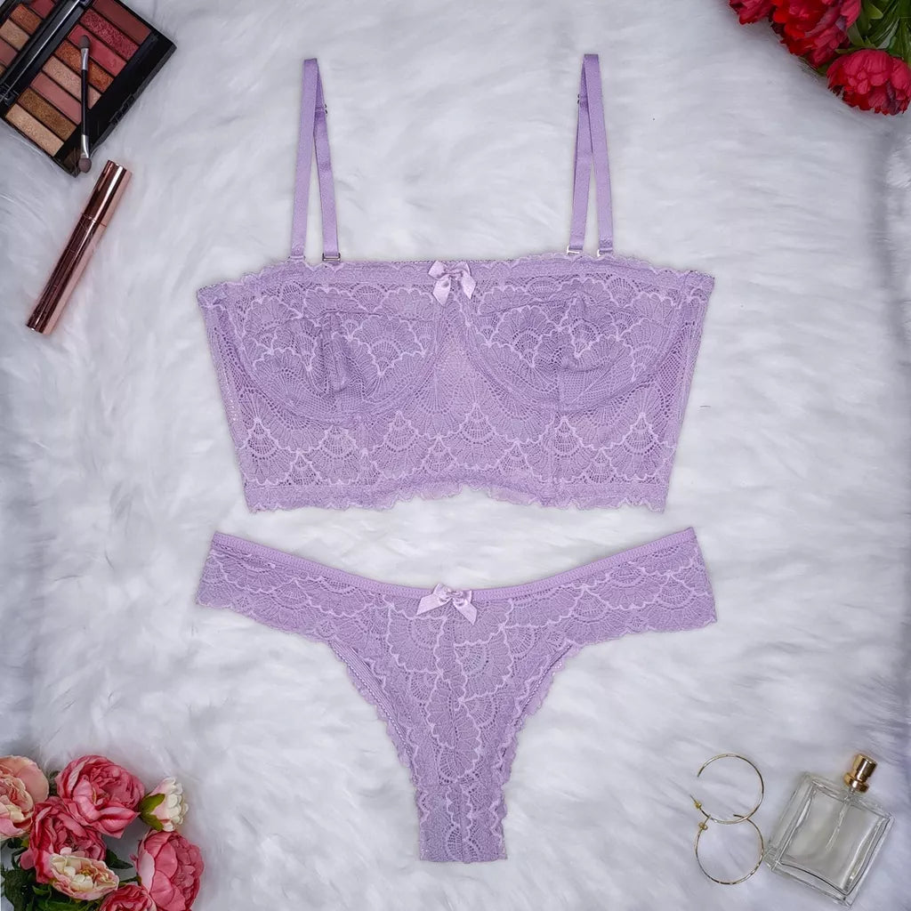Conjunto Lingerie Renda Sutiã Cropped Alça Removível Tomara Que Caia Calcinha Estela