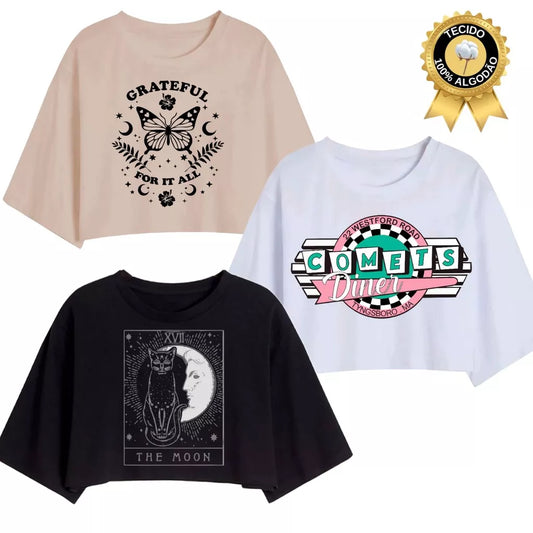 Camiseta T-shirt Cropped Oversized Estampado Moda Gringa Algodão