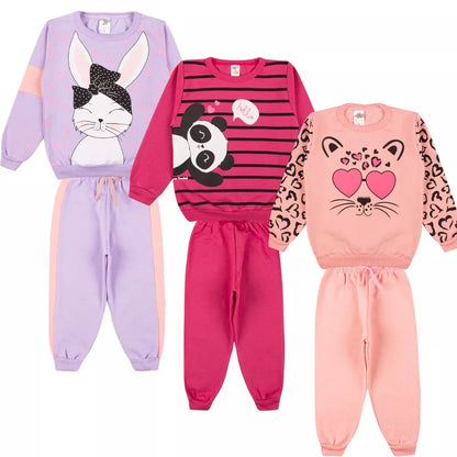 Kit Sortido 6 Peças de Roupas Feminino Infantil Inverno – 3 blusas casacos + 3 calças de 1 ao 10 – Kit 3 Conjuntos Moletom Infantil Menina Inverno com Calça e Casaco