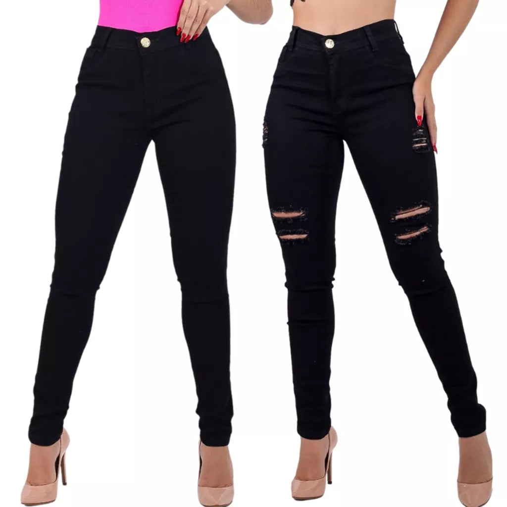 Calça Preta Rasgada Feminina Jeans Cintura Alta Hot Pants Skinny com Lycra Levanta Bumbum