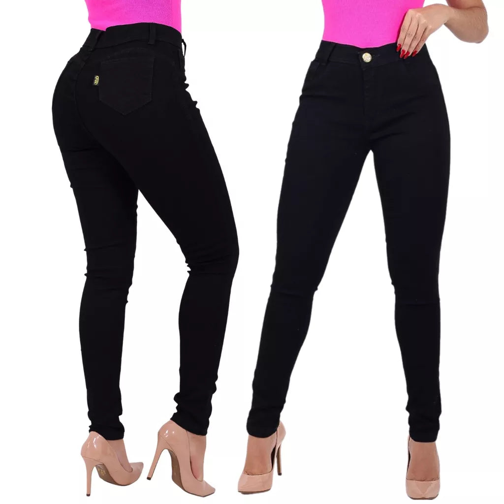 Calça Preta Rasgada Feminina Jeans Cintura Alta Hot Pants Skinny com Lycra Levanta Bumbum