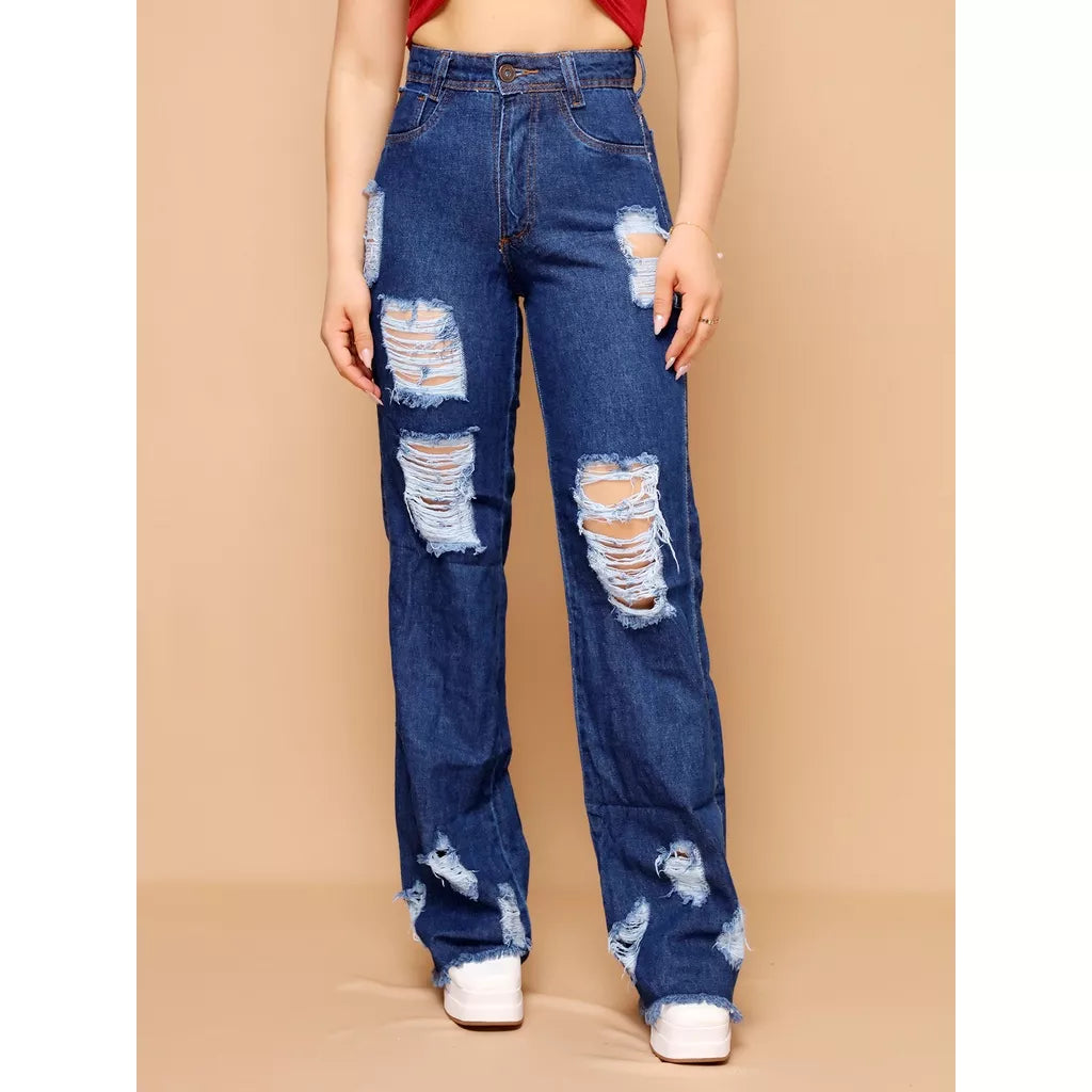 Calça Jeans Rasgada Feminina Pantalona Sem Lycra Wide Leg Calça Cintura Alta