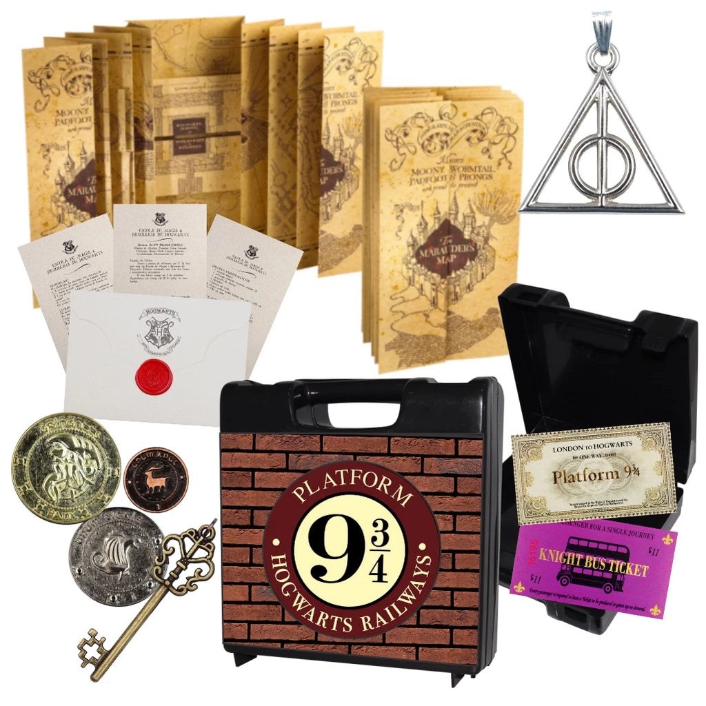 Maleta Harry Potter Hogwarts e Bus Ticket da Escola de Magia Corvinal Chave Gringotts Moedas Mapa do Maroto