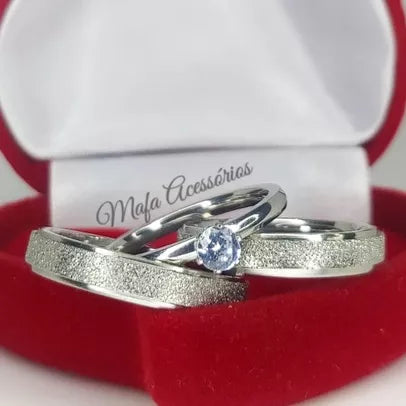 Par de Aliança de Namoro Casamento Diamantada 4mm Prata Aço Inox