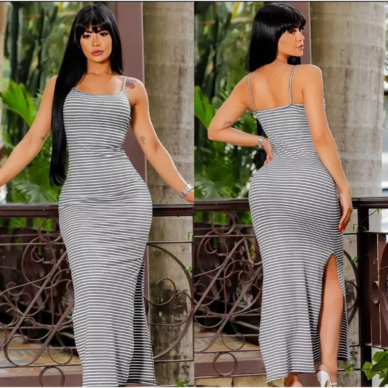 Vestidos Feminino canelado longo Alcinha Decote Costa Nua Com fenda Lateral Várias Cores