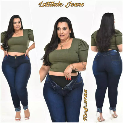 calça jeans feminina plus size com cinta modeladora (cinta fixa)