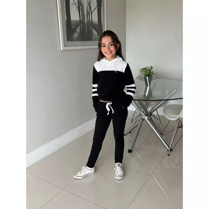 Conjunto Moletom  infantil juvenil bicolor com capuz ( 04 ao 14 ) Tendência Outono e inverno