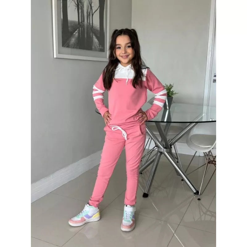 Conjunto Moletom  infantil juvenil bicolor com capuz ( 04 ao 14 ) Tendência Outono e inverno