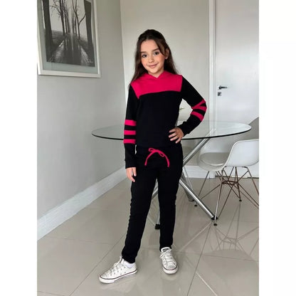 Conjunto Moletom  infantil juvenil bicolor com capuz ( 04 ao 14 ) Tendência Outono e inverno
