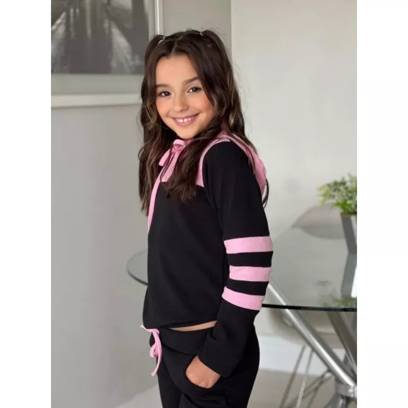 Conjunto Moletom  infantil juvenil bicolor com capuz ( 04 ao 14 ) Tendência Outono e inverno