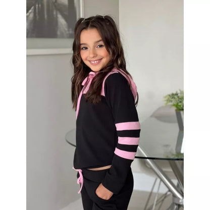 Conjunto Moletom  infantil juvenil bicolor com capuz ( 04 ao 14 ) Tendência Outono e inverno