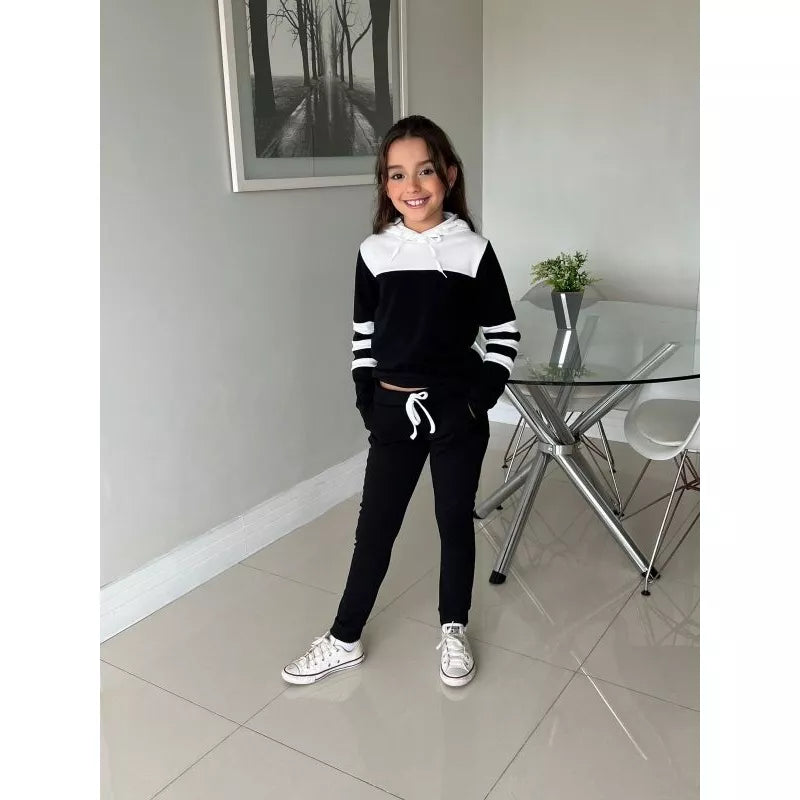 Conjunto Moletom  infantil juvenil bicolor com capuz ( 04 ao 14 ) Tendência Outono e inverno