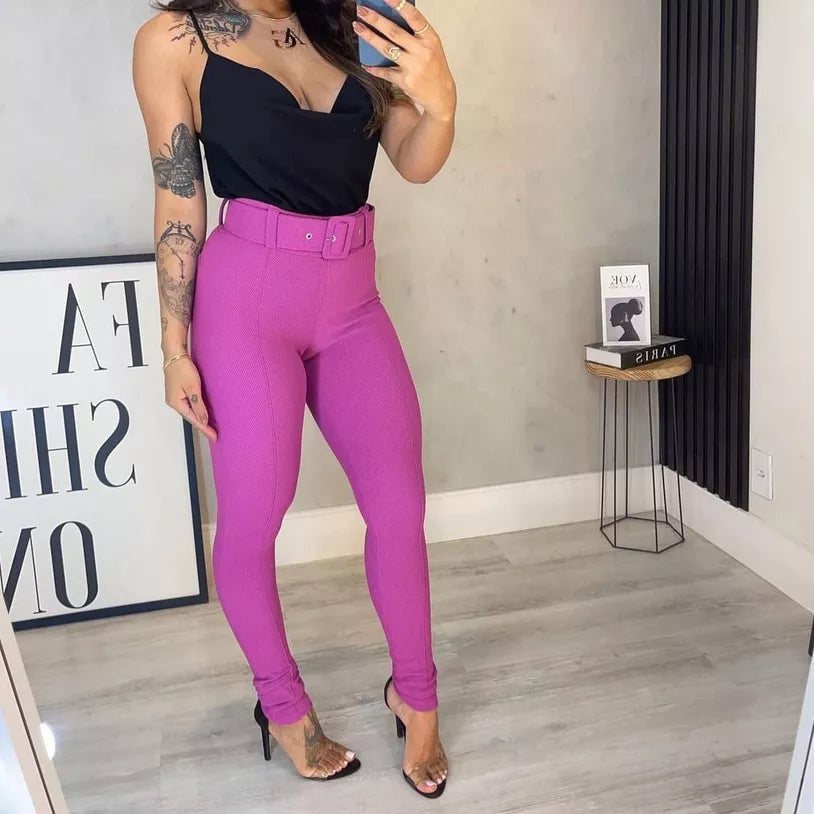 Calça Skinny Com Cinto Forrado Malha Pop Moda Blogueira