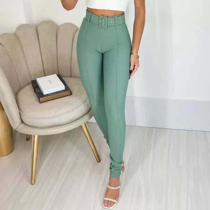 Calça Skinny Com Cinto Forrado Malha Pop Moda Blogueira