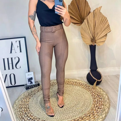 Calça Skinny Com Cinto Forrado Malha Pop Moda Blogueira