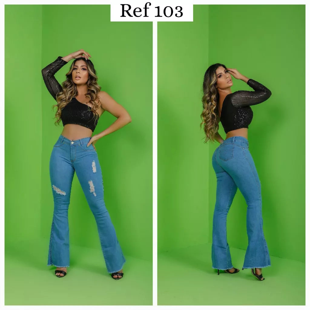 Calças jeans flare feminina cintura alta boca sino com lycra  efeito empina bumbum Premium Luxo