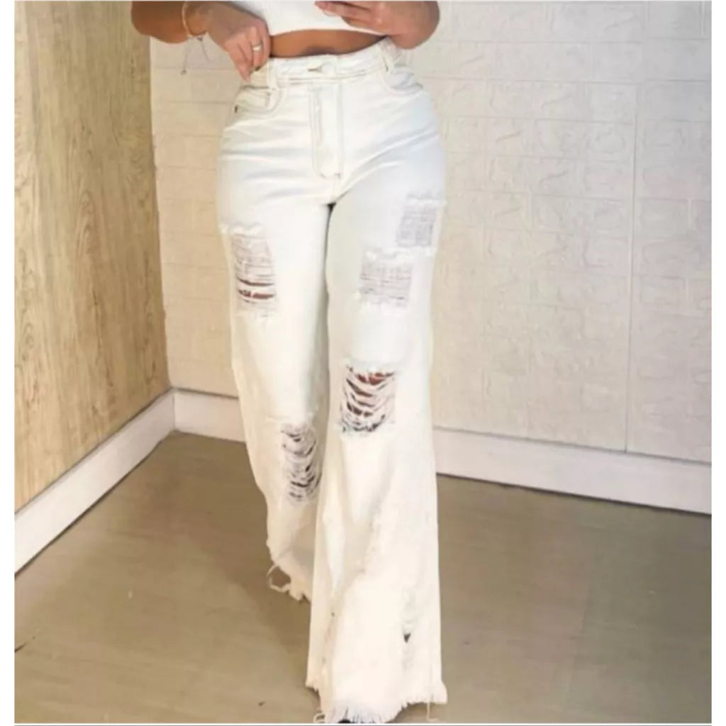 Calça Jeans Rasgada Feminina Pantalona Sem Lycra Wide Leg Calça Cintura Alta