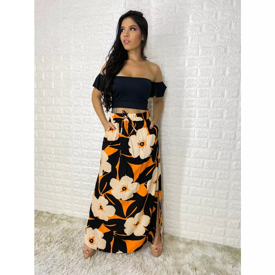 Saia Longa Fenda Lateral (c/ Bolso) - Feminina, Moda Evangélica, Verão