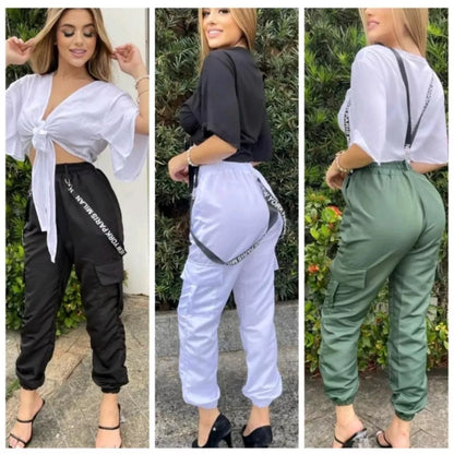 Calça Jogger Cargo Feminina Tactel com suspensório e bolsos Laterais