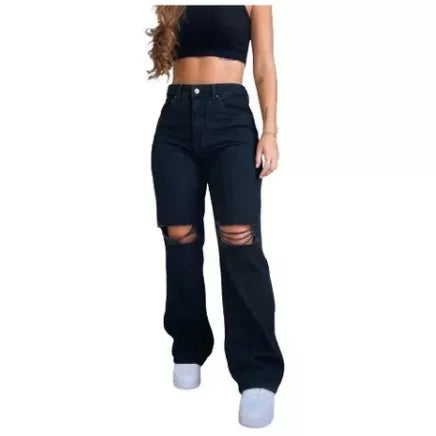 Calça Wide Jeans Destroyed no Joelho Tendencia Lola Store