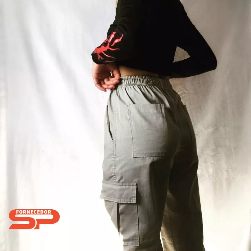 2 Calça Cargo Feminina Sarja Unissex Larga Promoção Moda Skate Inverno