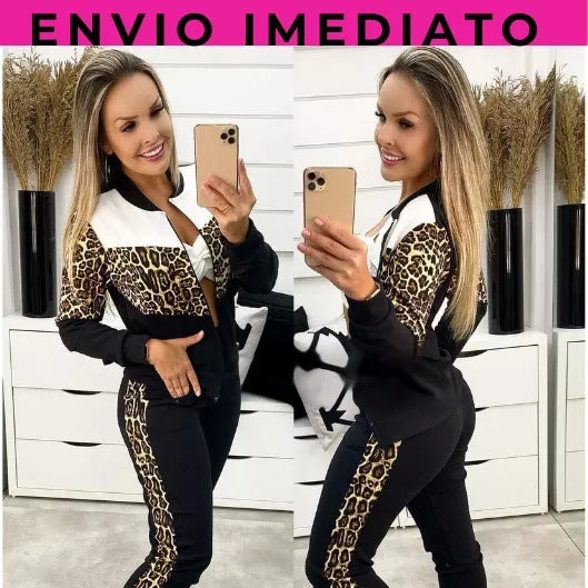 Conjunto malha crepe manga longa ziper e bolso feminino