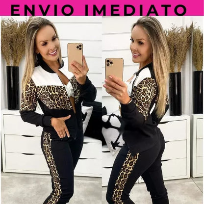 Conjunto malha crepe manga longa ziper e bolso feminino