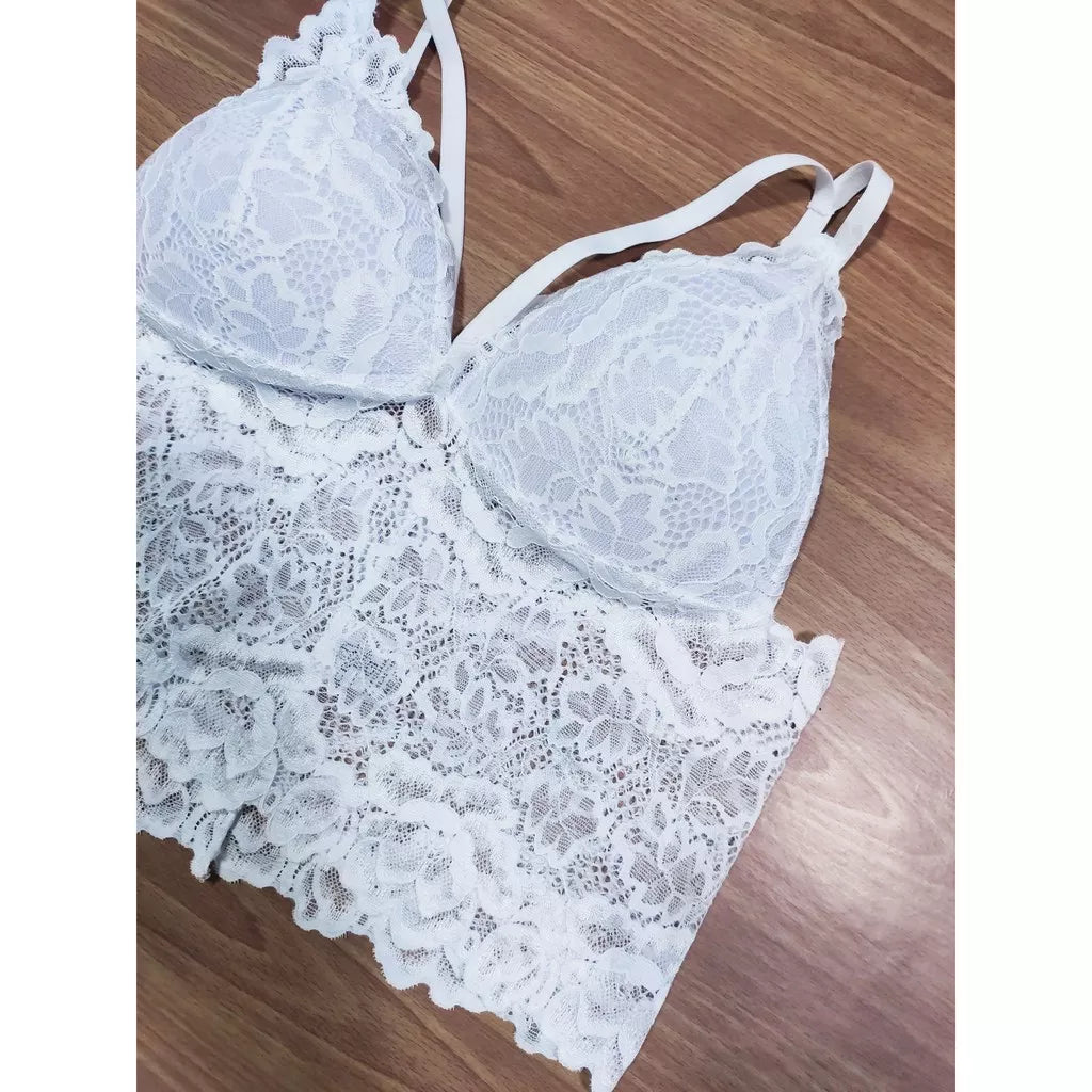 Cropped Top De Renda Tiras Dupla Alça Regulável Com Bojo