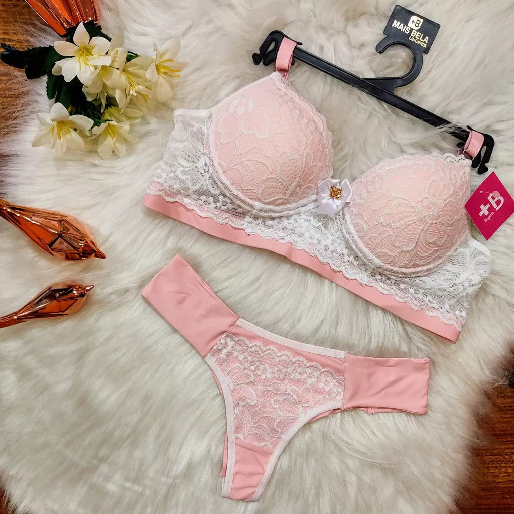 Conjunto Lingerie Renda/Rendado Bicolor Com Calcinha Fio Duplo - Moda Íntima