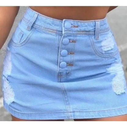 saia jeans com botoes encapados