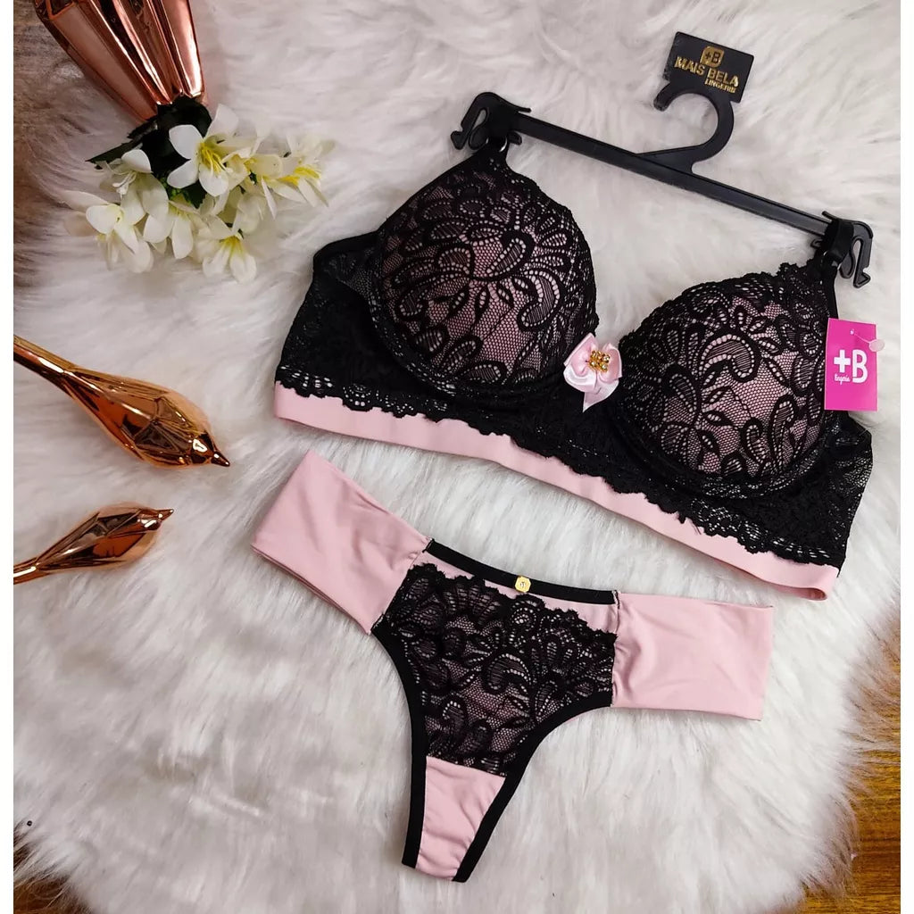 Conjunto Lingerie Renda/Rendado Bicolor Com Calcinha Fio Duplo - Moda Íntima