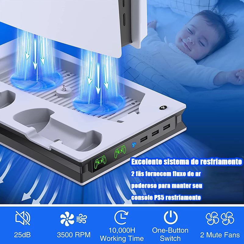 Suporte PS5 Com 2 Ventiladores De Resfriamento , Estação De Carregamento Controlador PS5 Dupla Rápida 3 Portas USB Extra PS5 Acessórios Vertical Para Sony Playstation 5 Duplo