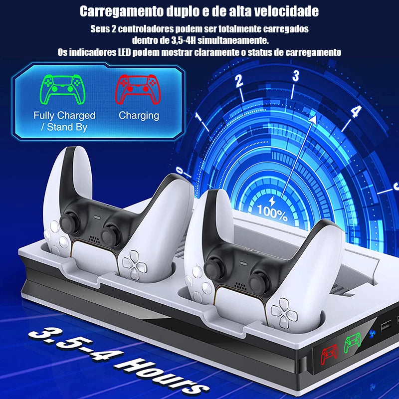 Suporte PS5 Com 2 Ventiladores De Resfriamento , Estação De Carregamento Controlador PS5 Dupla Rápida 3 Portas USB Extra PS5 Acessórios Vertical Para Sony Playstation 5 Duplo
