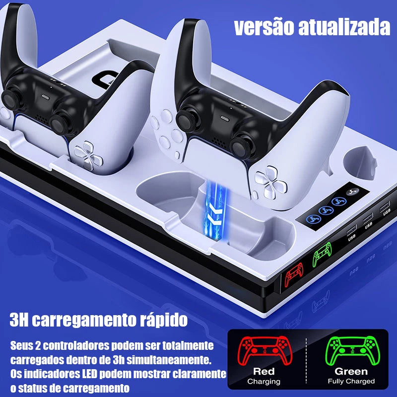 Suporte PS5 Com 2 Ventiladores De Resfriamento , Estação De Carregamento Controlador PS5 Dupla Rápida 3 Portas USB Extra PS5 Acessórios Vertical Para Sony Playstation 5 Duplo