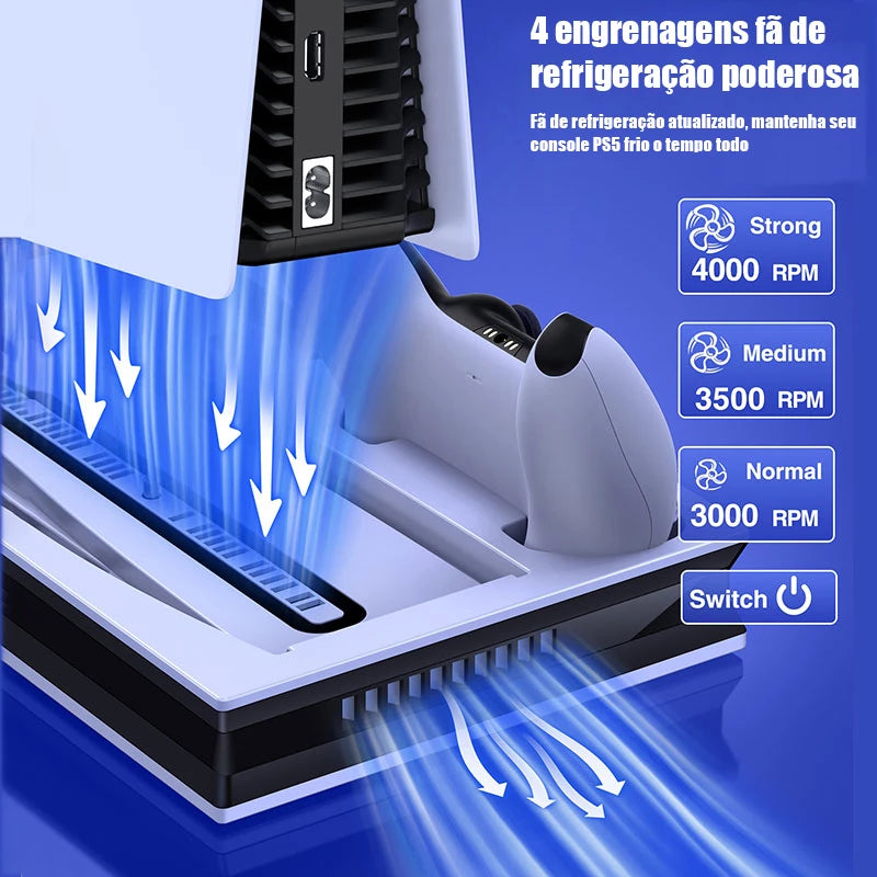 Suporte PS5 Com 2 Ventiladores De Resfriamento , Estação De Carregamento Controlador PS5 Dupla Rápida 3 Portas USB Extra PS5 Acessórios Vertical Para Sony Playstation 5 Duplo