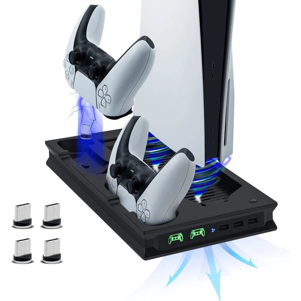 Suporte PS5 Com 2 Ventiladores De Resfriamento , Estação De Carregamento Controlador PS5 Dupla Rápida 3 Portas USB Extra PS5 Acessórios Vertical Para Sony Playstation 5 Duplo