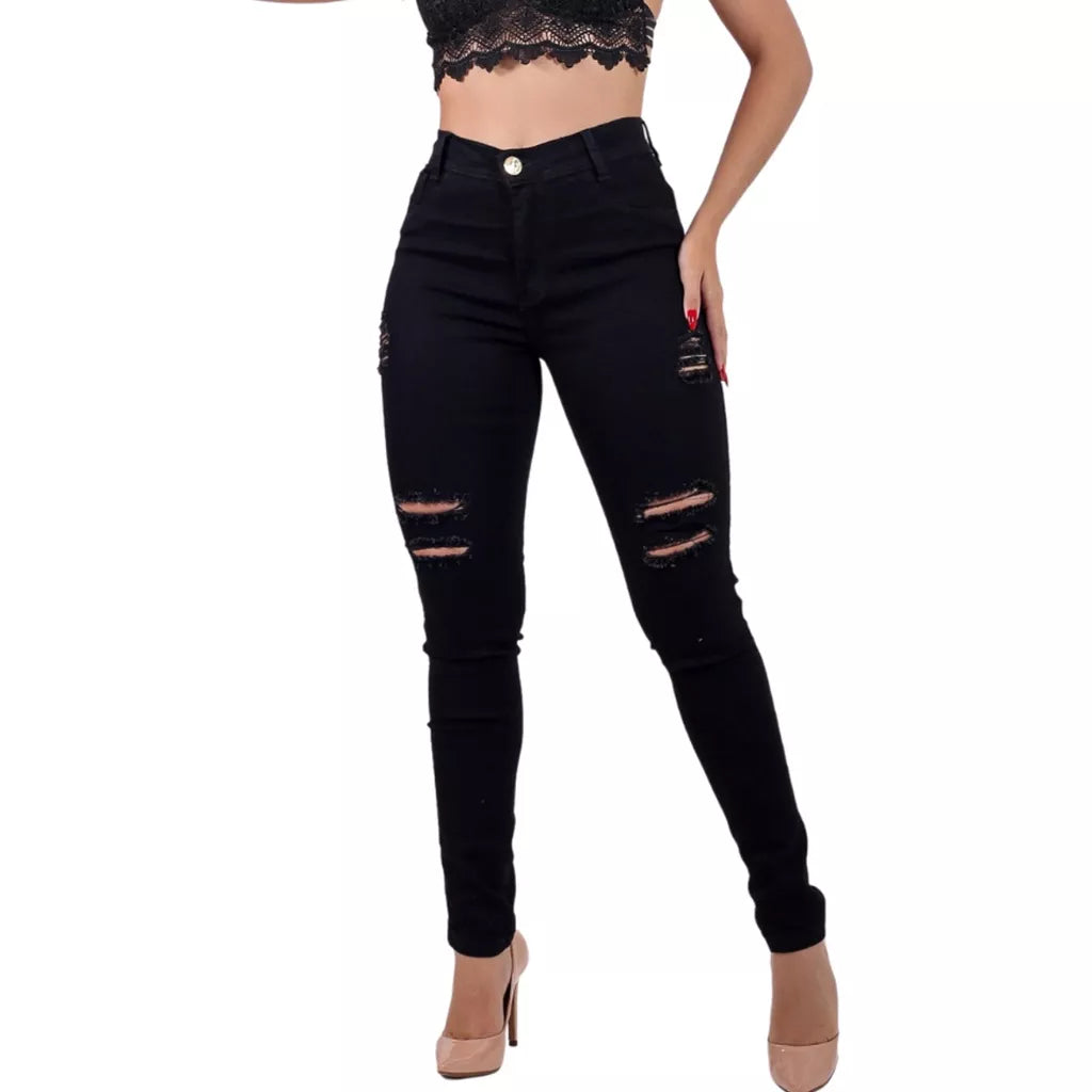 Calça Preta Rasgada Feminina Jeans Cintura Alta Hot Pants Skinny com Lycra Levanta Bumbum