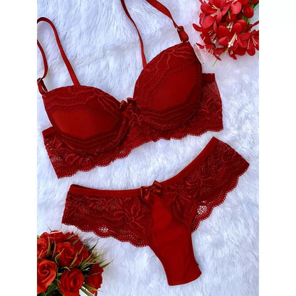 Conjunto com Bojo Bella Sutiã Calcinha Lingerie Fio Dental Sexy Sensual Renda