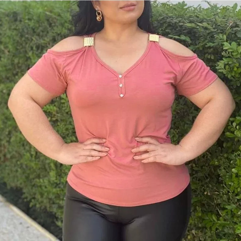 Blusa Feminina Básica Lisa com Fivela no Ombro Vazado (Ombro Fora) - Manga Curta para Primavera e Verão Viscolycra Moda - Roupas Femininas