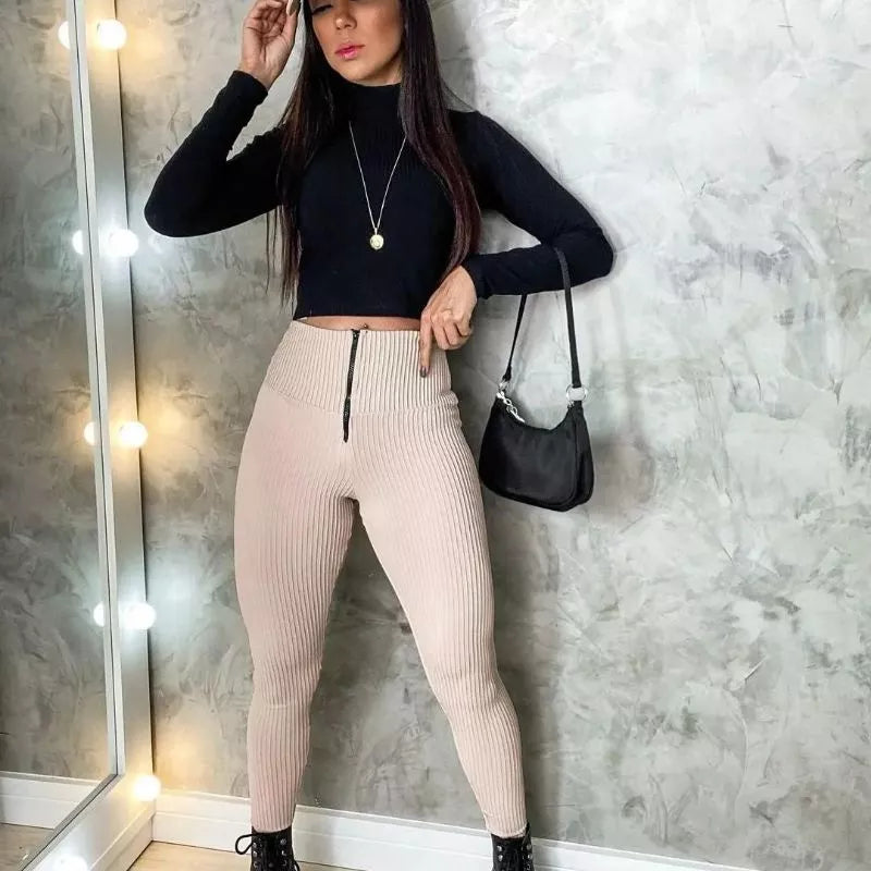 Calça Feminina Montaria Canelada 3D Legging Cintura Alta Com Ziper