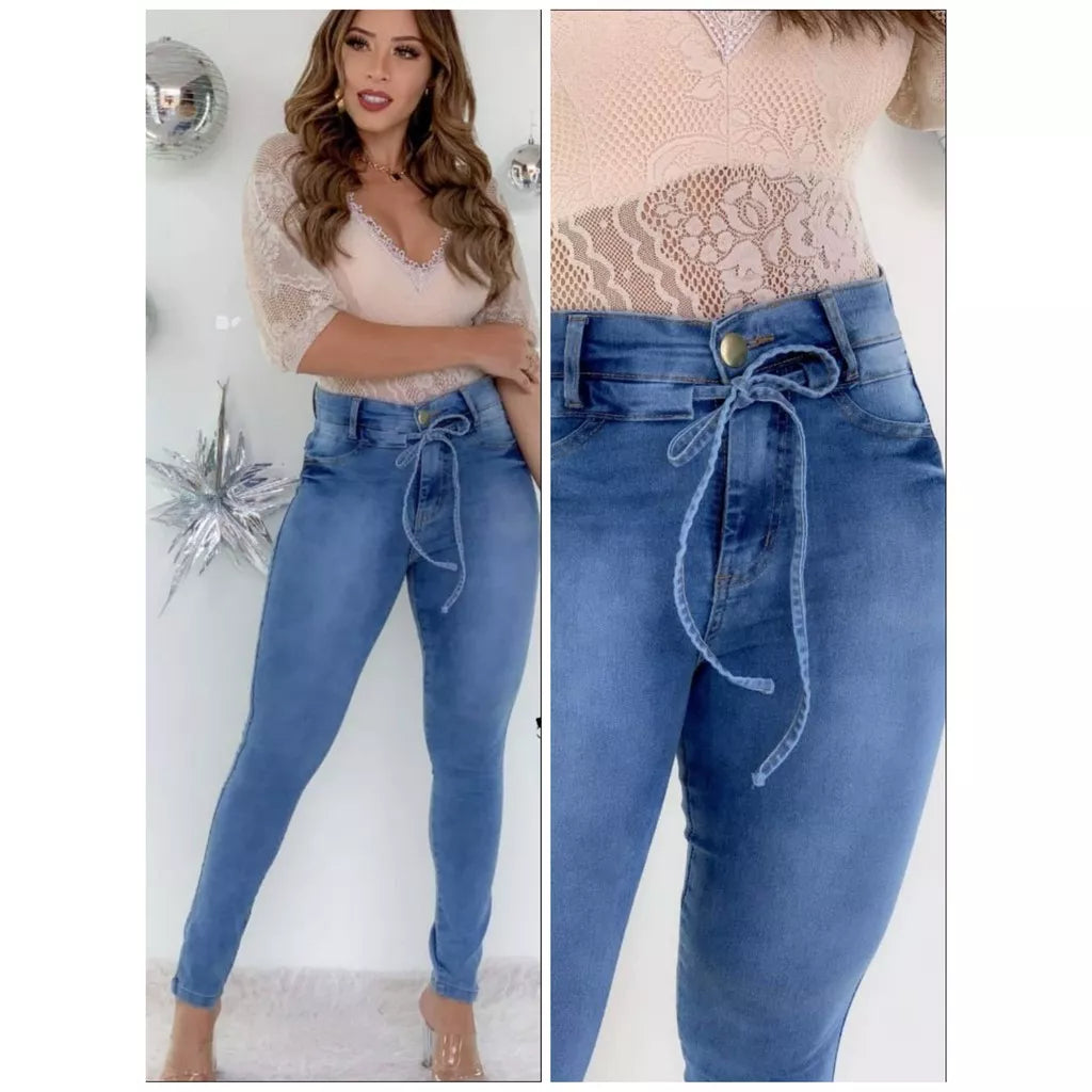 Calça jeans feminina com lycra cós alto cintura alta levanta bumbum premium