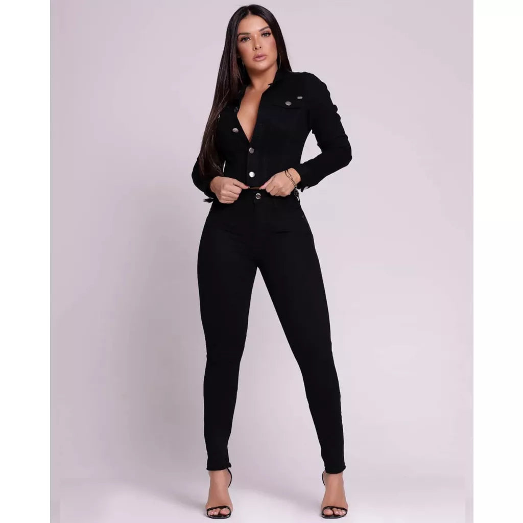 Calça Jeans Skinny Preta Cintura Alta Levanta Bumbum