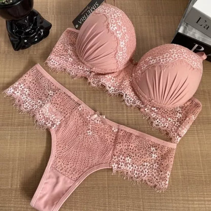 Conjunto Lingerie Rendado Bicolor Com Calcinha Fio - Moda Íntima