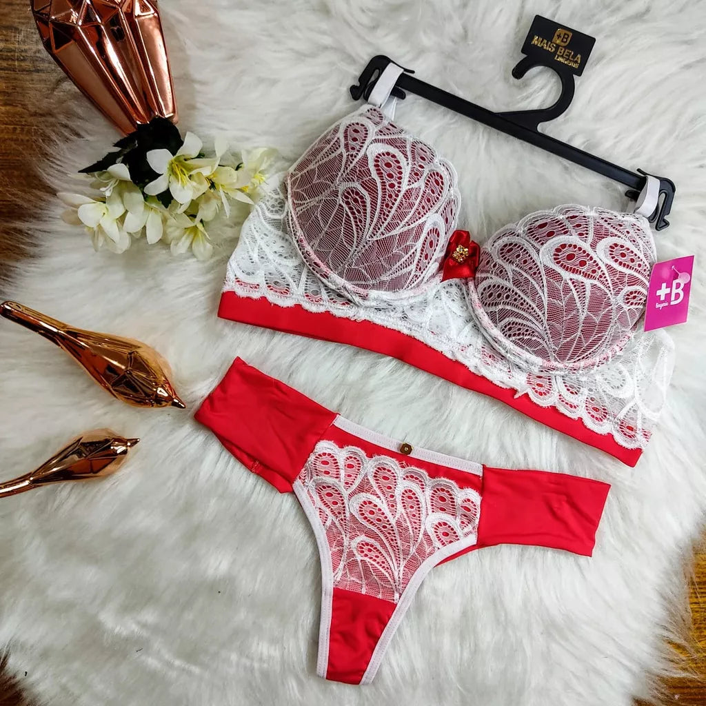 Conjunto Lingerie Renda/Rendado Bicolor Com Calcinha Fio Duplo - Moda Íntima