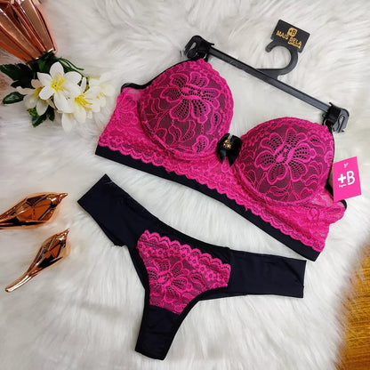 Conjunto Lingerie Renda/Rendado Bicolor Com Calcinha Fio Duplo - Moda Íntima